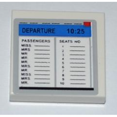 white tile 2 x 2 with computer screen with departure and passenger list pattern sticker - set 3182