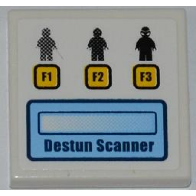 white tile 2 x 2 with 3 minifigures 3 buttons with f1 f2 and f3 and destun scanner pattern sticker - set 7066