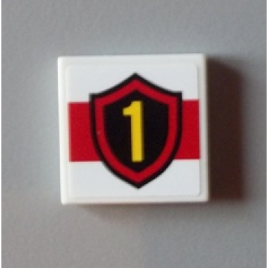 white tile 2 x 2 with yellow number 1 fire logo badge on red stripe pattern sticker - set 60004