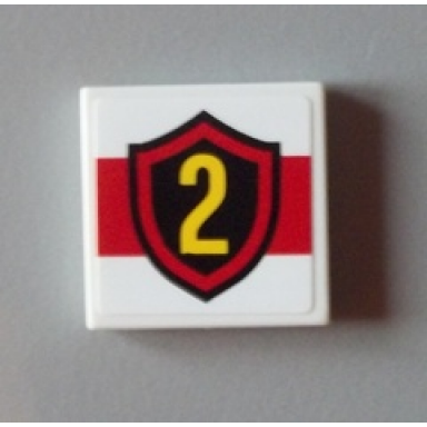white tile 2 x 2 with yellow number 2 fire logo badge on red stripe pattern sticker - set 60004