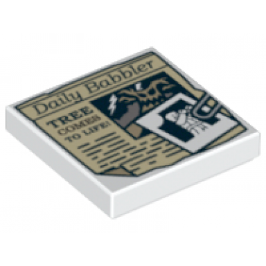 white tile 2 x 2 with paper clip minifigure image and daily babbler tree comes to life newspaper article pattern