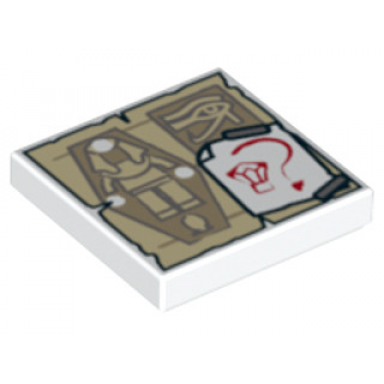 white tile 2 x 2 with tan parchment with sarcophagus and eye of horus and white paper with red gem and question mark pattern
