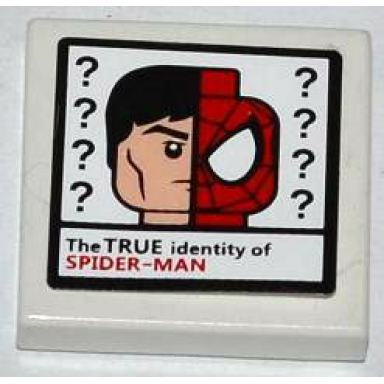 white tile 2 x 2 with question marks minifigure head and the true identity of spider-man pattern sticker - set 76005