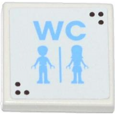 white tile 2 x 2 with wc and male and female friends minifigures silhouettes unisex restroom pattern sticker - set 3185