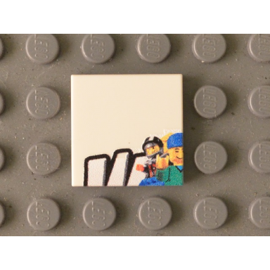 white tile 2 x 2 with black w upper half and minifigures pattern