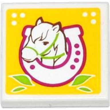 white tile 2 x 2 with horse head in horseshoe and leaves on yellow background pattern sticker - set 41039