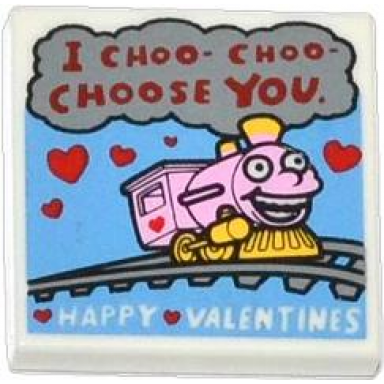 white tile 2 x 2 with dark red i choo- choo- choose you white happy valentines red hearts and bright pink and yellow train pattern