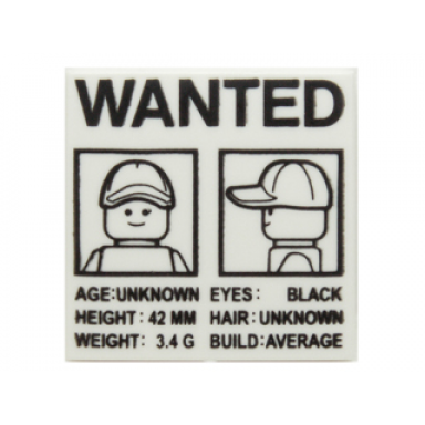 white tile 2 x 2 with wanted minifigure front and side mugshots poster pattern