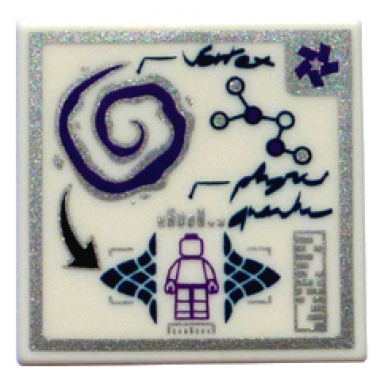 white tile 2 x 2 with minifigure arrow ruler and molecule brainsteins classified notes pattern