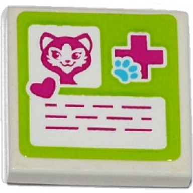 white tile 2 x 2 with cat head heart magenta cross and animal paw pattern sticker - set 41085