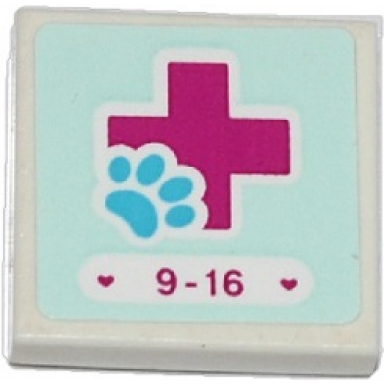 white tile 2 x 2 with hearts 9-16 magenta cross and animal paw pattern sticker - set 41085