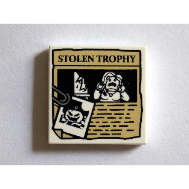 white tile 2 x 2 with paper clip pumpkin jack o lantern image and stolen trophy newspaper article pattern