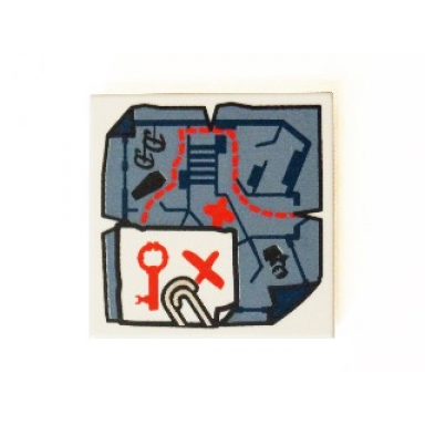white tile 2 x 2 with map tattered with paper clip and red key and x pattern