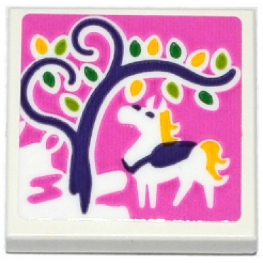 white tile 2 x 2 with horse and tree on dark pink background pattern sticker - set 41065