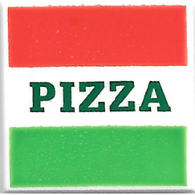 white tile 2 x 2 with red and green stripes and dark green pizza pattern pizza box