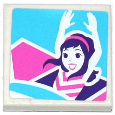 white tile 2 x 2 with female friends minifigure with raised arms photo pattern sticker - set 41128