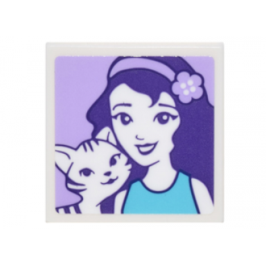 white tile 2 x 2 with portrait of female with headband with flower and black and white striped cat pattern sticker - set 41305