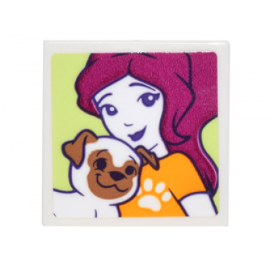 white tile 2 x 2 with portrait of female with paw print t-shirt and brown and white pug pattern sticker - set 41305