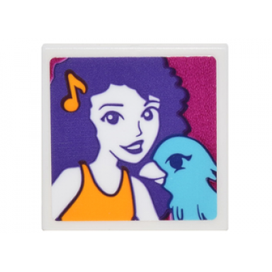 white tile 2 x 2 with portrait of female with musical note barrette and medium azure bird pattern sticker - set 41305