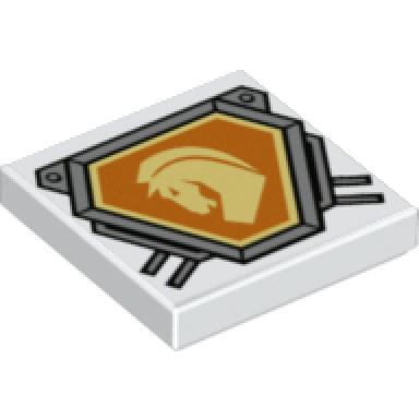 white tile 2 x 2 with bright light yellow horse head on orange hexagonal shield with silver border pattern