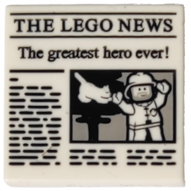white tile 2 x 2 with newspaper the lego news and the greatest hero ever! pattern