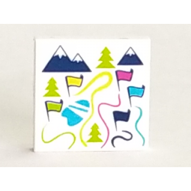 white tile 2 x 2 with map of ski resort with flags trees and mountains pattern