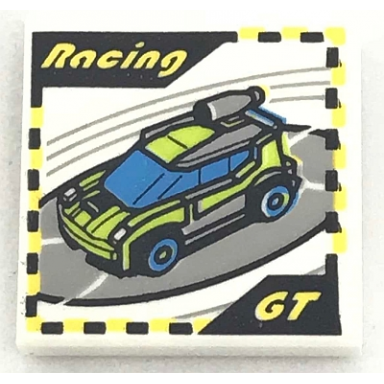 white tile 2 x 2 with racing gt and race car video game pattern