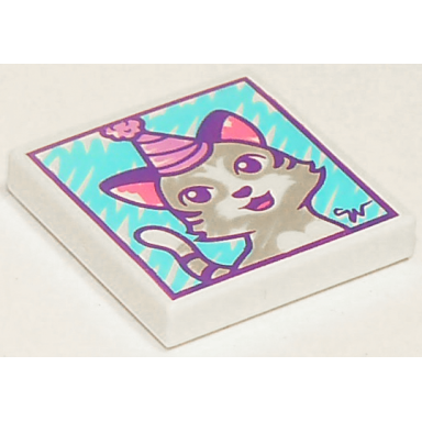 white tile 2 x 2 with cat wearing party hat drawing pattern