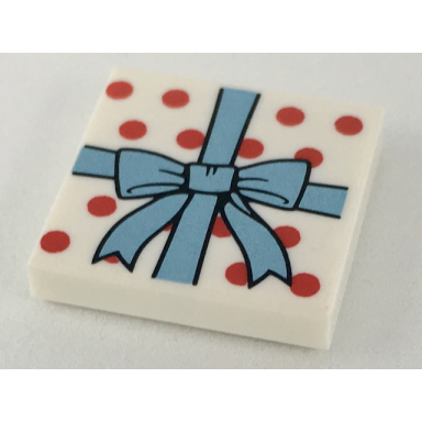 white tile 2 x 2 with metallic light blue ribbon with bow red polka dots pattern