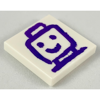 white tile 2 x 2 with dark purple drawing of minifigure head and shoulders pattern