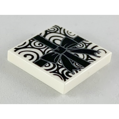 white tile 2 x 2 with black spirals and gift wrap ribbon and bow pattern