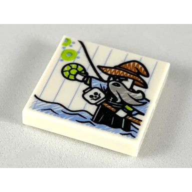 white tile 2 x 2 with childs drawing man standing in water with jewel and skull staff pattern