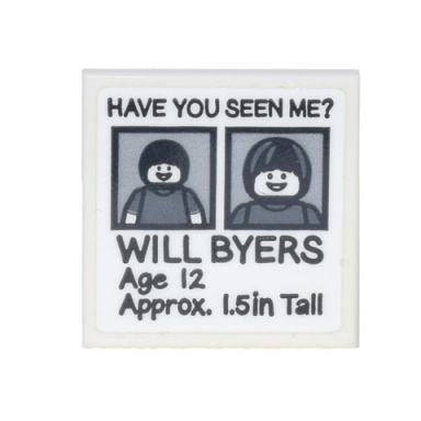 white tile 2 x 2 with black have you seen me? will byers age 12 approx 1.5in tall pattern sticker - set 75810