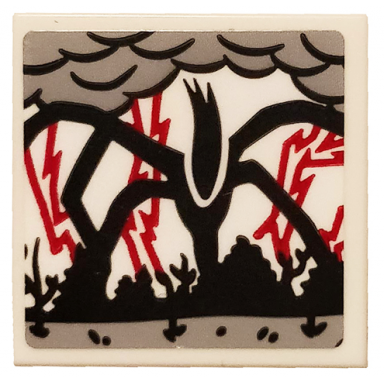 white tile 2 x 2 with black mind flayer monster light bluish gray clouds and red lightning bolts pattern sticker - set 75810