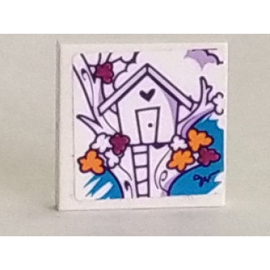 white tile 2 x 2 with tree house and ladder pattern sticker - set 41335