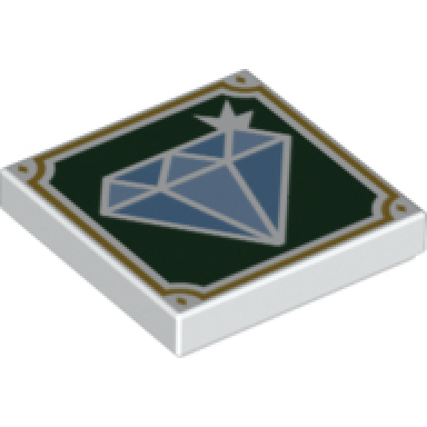 white tile 2 x 2 with sparkling medium blue and bright light blue diamond jewel on dark green background with gold frame pattern