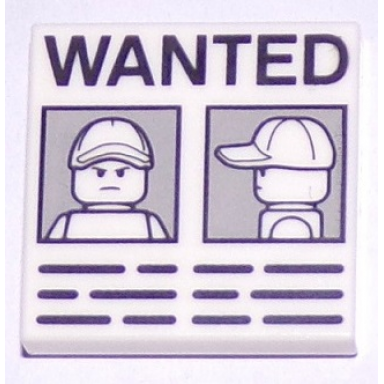 white tile 2 x 2 with wanted minifigure front and side mugshots on light bluish gray background and black lines poster pattern