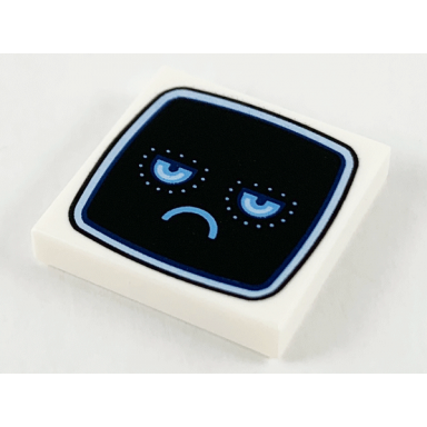 white tile 2 x 2 with black tv screen bright light blue eyes and frown pattern