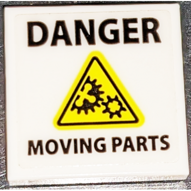 white tile 2 x 2 with black danger moving parts and yellow warning triangle with gears pattern sticker - set 70631