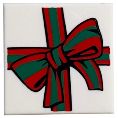 white tile 2 x 2 with red and green ribbon with bow pattern bam