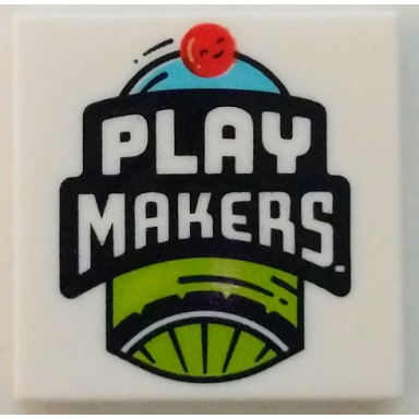 white tile 2 x 2 with bicycle wheel red ball and play makers logo pattern