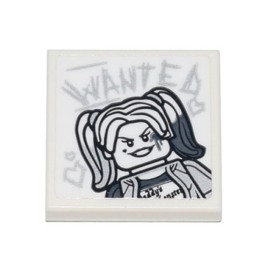 white tile 2 x 2 with harley quinn and wanted and hearts in scratchy writing pattern sticker - set 70840