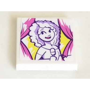 white tile 2 x 2 with medium lavender portrait of female singer with microphone and dark pink curtains pattern sticker - set 41332