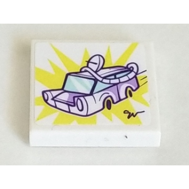 white tile 2 x 2 with lavender car olivias mission vehicle on yellow sunburst pattern sticker - set 41332