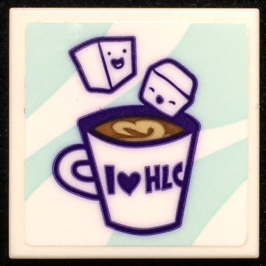 white tile 2 x 2 with cup of hot chocolate with i heart hlc and marshmallows pattern sticker - set 41336