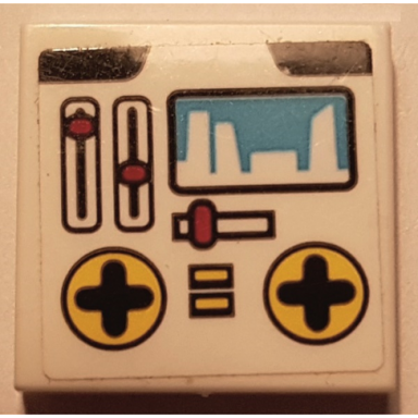 white tile 2 x 2 with control panel with medium azure display red sliders and yellow directional pads pattern sticker - set 41352