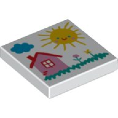 white tile 2 x 2 with drawing of cloud sun house and flowers pattern