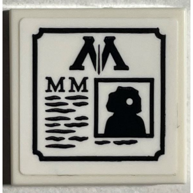 white tile 2 x 2 with newspaper with black capital letter m ministry of magic logo writing and minifigure silhouette pattern sticker - set 76403