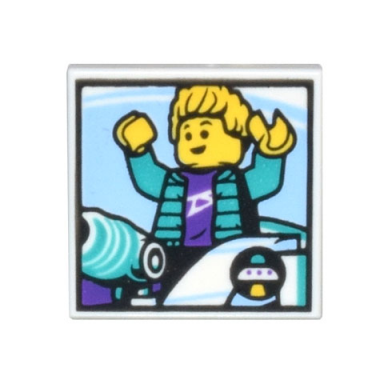 white tile 2 x 2 with space ride photo of minifigure with raised arms with dark turquoise jacket and dark purple shirt pattern