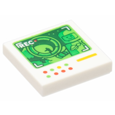 white tile 2 x 2 with dark green screen with rec and classic space minifigure and red bright green and yellow lights and line pattern